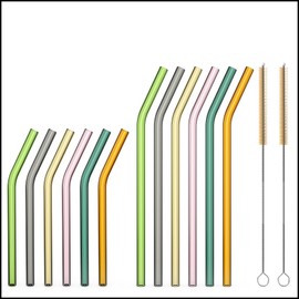 Sir Finley Monkey Glass Straws Short & Long (Pack of 12) - Glass Straws Reusable, Dishwasher Safe - 15 cm & 20 cm Curved Colourful