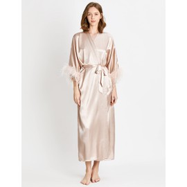 PRODESIGN Satin Kimono Robe Long Bath Robe with Ostrich Feather Trim Sleepwear Wedding Bridesmaid Robe