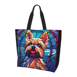 Novgift Yorkie Stained Dog Breed Glass Art Women Shoulder Handbags Reusable Large Capacity Casual Tote Bag For Shopping Travel