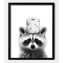 Framed Cute Raccoon Wall Art, Funny Bathroom Decor Wall Art, Black and White Canvas Print Farmhouse Wall Decor, Ready to Hang Kid's Room Wall Decoration (Framed,16''x20'')
