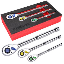 UYECOVE Ratchet Set 3PCs-1/4 Drive Ratchet, 3/8" Drive Ratchet, 1/2" Drive Ratchet, Socket Wrench Set, Colorful Ratchet Wrench Set 72-Tooth Reversible with IXPE Storage Tray