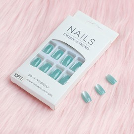 Press On Nails, Cat Eye‘s Beauty Pattern in Glue on Nails, Fake Nails, Stick On Nails, Short Almond Square Shape on 24PCS (Lake Green)