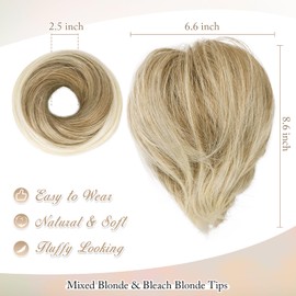 BARSDAR Straight Hair Bun Extensions - Synthetic Fully Short Ponytail Hair Bun Extensions for Women, Elastic Messy Scrunchies Hairpieces Daily Party - Mixed Blonde & Bleach Blonde Tips