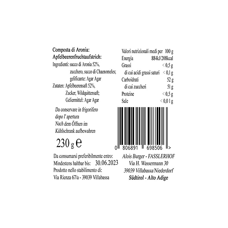 Black Chokeberry Fruit Spread 220 gr. - Fassler Hof