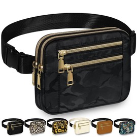 Capolo Fanny Packs for Women Fashion Waist Packs Bag with Adjustable Strap and 4 Zipper Pockets Waterproof Everywhere Crossbody Belt Bag for Workout Running Travelling(Black Camo, Large)