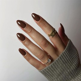 Dark Brown Nails Press on, Short Oval Round Press on Nails, SXVME Winter Glue on Nails Short Almond Fake Nails Best Acrylic False Nails Solid Colored Stick on Nails for Women 24Pcs Handmade Gel Nails