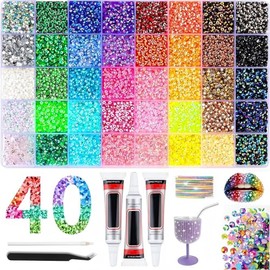 40 Colours 3 mm Jelly Rhinestones, 32000 Bedazzler Kit with Tweezers and Pen, Glitter Stones Bedazzling Kit, Multicoloured Flat Round Jelly Rhinestones for Nail Art, Face Painting, Costumes and Other