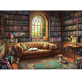 1000 Piece Vintage Library Jigsaw Puzzle for Adults & Families - Challenging Cozy Bookshelf Scene with Leather Sofa (27.56x19.69 Inch) Fit Together Perfectly for Game Nights