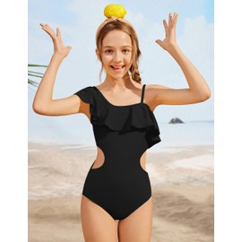 Doumlop - Traje de baño de una pieza para niñas con corte y falda de malla, traje de baño para niñas de 9 a 16 años, traje de baño de verano para la playa, Negro -, 13-14 Años