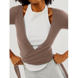 OFSOAK Women's Crop Sweater Tie Front Drawstring Long Sleeve V-Neck Lightweight Crochet Cardigan Solid Crop Brown