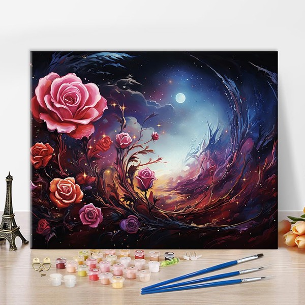 TISHIRON Flowers Paint by Numbers, Rose and Moon Paint by