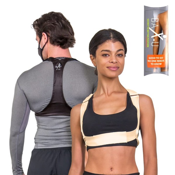 Back Brace - BAX-U Posture Corrector - Fully Adjustable, Subtle, Thin, and Comfortable - Designed by a Chiropractor Doctor to Men, Women, and Kids for Back and Shoulders Support and Correct Slouching Problems (Beige - Medium - 36"-42")