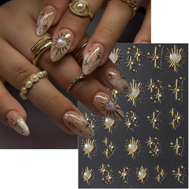 2 Sheets Gold Star Nail Decals for Nail Art Celestial Nail Stickers Embossed Star Nail Decals with Diamond Designs 5D Self-Adhesive Sun Nail Supplies for Women DIY Manicure Nails Decoration