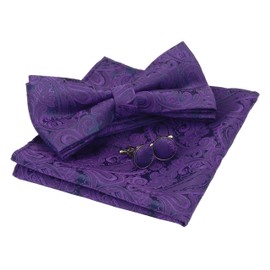 GUSLESON Paisley Bow Tie Wedding Purple Pre-tied Silk Bowties and Pocket Square Cufflink Set(0581-17)