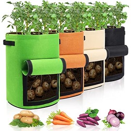 Homyhoo Potato Grow Bag with Flap 10 Gallon, 4 Pack Planter Pots with Handles and Harvest Window for Potato Tomato and Vegetables, Black Green Orange and Beige