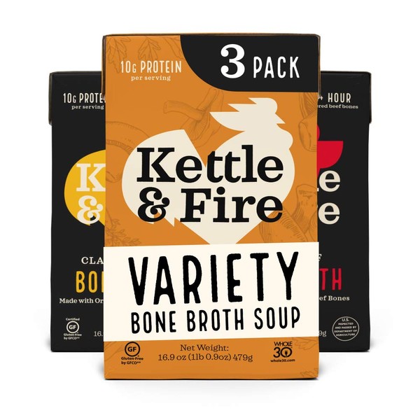 Bone Broth Variety Pack, Mushroom Chicken, Beef, and Chicken by Kettle and Fire, Keto Diet, Paleo Friendly, Whole 30 Approved, Gluten Free, with Collagen, 10g of Protein (Pack of 3)