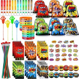 Paterr 103 Pcs Birthday Party Favor Supplies Set Include Drawstring Bags Silicone Bracelets Badge Buttons Spiral Notebooks Pencils Bookmarks and Stickers for Carnival Prizes Gift Decorations(Cartoon)