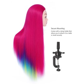 Yamel Mannequin Head Training Heads with Clamp Holder, Hairdresser Training Heads 20 Inch Long Magenta with Blue Light Blue Yellow Hair Practice Doll Head for Kids Hair Styling