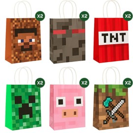 Lamar Feather Pixel Party Suppliers Bulk Set, Favor Bags and Tablecloth - 12 Pcs Goodie Bags and 2 Pcs Tablecloth for Mining Birthday Party