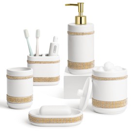 RQYIXI Bathroom Accessories Set with Diamonds 5 Pieces Toothbrush Holder Soap Dispenser Ceramic Bathroom Accessory Set Contain Cotton Swab Jar Toothbrush Cup Soap Dish Tumbler