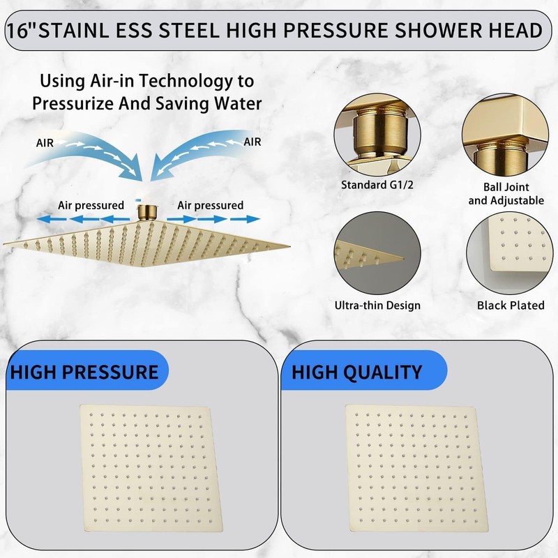 GGStudy Rain Shower Head Brushed Gold with Extension Arm 16