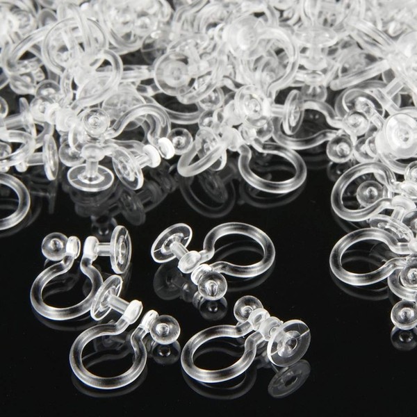 Non-Hole Earrings, Resin Parts, Clear, Hypoallergenic Metal, 100 Pieces, 50 Pairs (0.2 inch (5 mm) Round Plate)