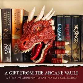Dragon Bookend | 3D Design Pops Off The Shelf | Use Between Books or on an End of a Bookshelf or Book Nook | Fantasy Dragon Decor | Gothic Medieval Shelves Booknook Bookends | Crimson Red Model