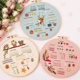 UXORSN 3 Sets Embroidery Kit for Beginners Adults Cross Stitch Starter Kits Learn 30 Different Stitches Practice Kit Flower Stamped Pattern Fabric Threads Needles Hoop Video Tutorials Christmas Craft