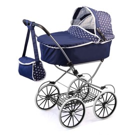 Bayer Design Dolls: Classic Deluxe Pram - Blue &White - Includes Shoulder Bag, Kids Pretend Play, Fits Dolls Up to 18", Shopping Basket, Easy to Fold, Ages 3+