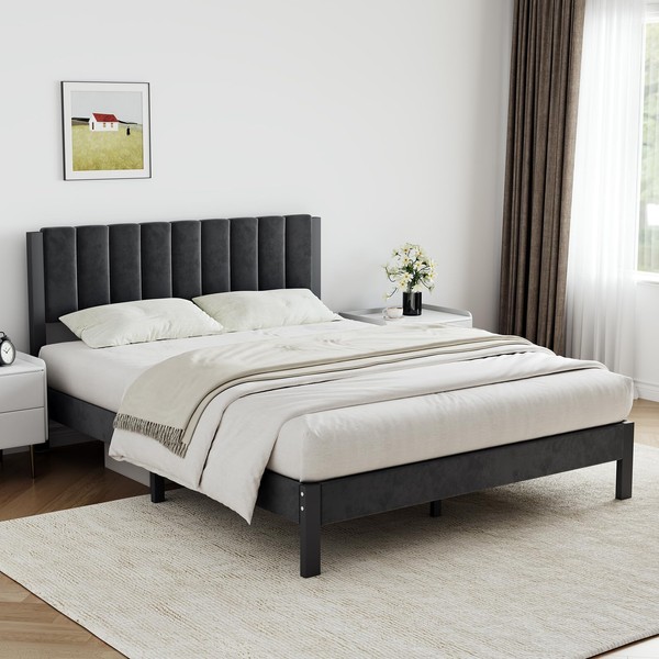 Novilla Queen Bed Frame with Piano Keys Headboard and Footboard,