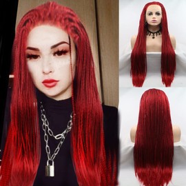 Ombre Red Box Braided Wigs Long Lace Front Braids Hair Wigs for Black Women Realistic Hand Braided Synthetic Wigs Soft Straight Cornrow Lace Frontal Wigs Heat Resistant Fiber Cosplay 26Inch