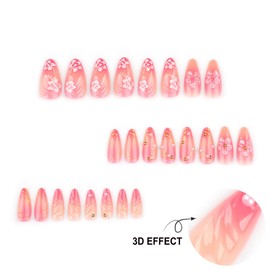 MouyouGlow Press on Nails Short, Almond Nude Pink Airbrushing 3D Flowers Floral Gold Stripe Pearl Design Almond Y2k Fake Nails with Jelly Gel, Pink Flowers Summer INS Sweet Artificial Fingernails