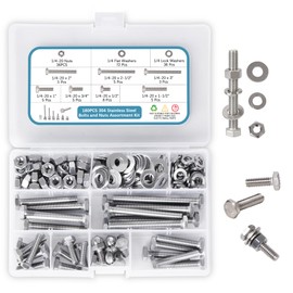 180-teiliges Schrauben- und Mutternsortiment aus 304 Edelstahl, 1/4-20 Zoll Gewinde, verschiedene Längen 13–76,2 mm, mit Unterlegscheiben & Federringen