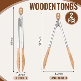Baderke 2 Pcs Olive Wood Wooden Kitchen Tongs Salad Tongs with Wooden Tips, Locking Tongs Wood Serving Tongs for Flipping Burgers Grilling and Much More, Set of 2-11"