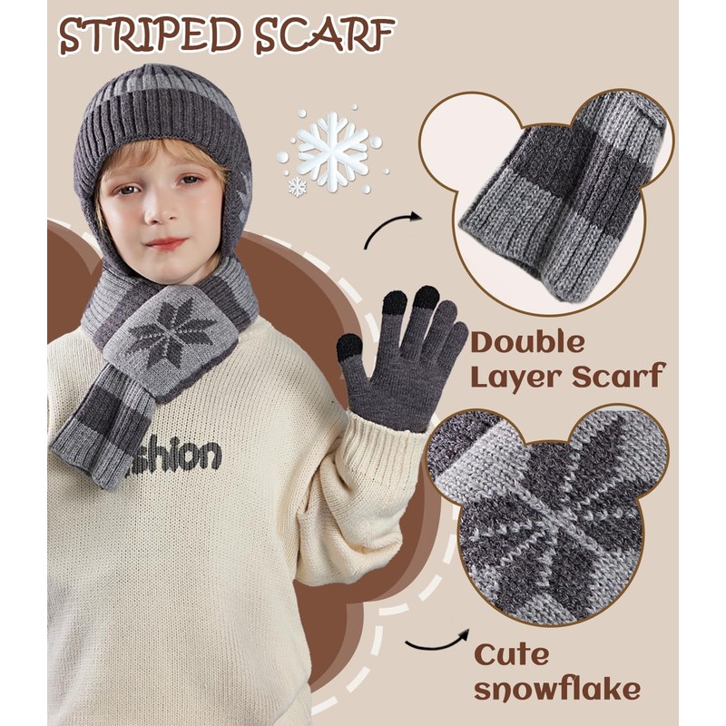 Kids Winter Hat Scarf Gloves Set 3Pcs, 3-12Y Fleece Lined