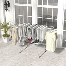 Tangkula Collapsible Clothes Drying Rack, 2-Level Folding Aluminum Drying Rack w/Height-Adjustable Wings, Bottom Shoe Rack, Space-Saving Laundry Drying Rack for Indoor & Outdoor Use, Silver
