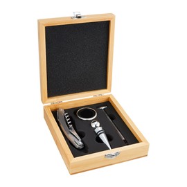 AMBITION Bolero Somelier Wine Opener Set Bamboo Box 4-Piece Set Wine Accessory Set Wine Corkscrew Wine Cork Drip Ring Wine Thermometer Wooden Box 16.5 x 14.5 x 5 cm