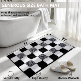 KOEXM Checkered Bathroom Rug 20" x 32", Machine Washable Non-Slip Black and White Checkered Shower Funky Rugs Water Absorbent Cute Bath Mats