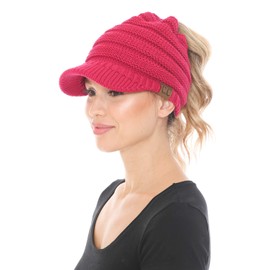 C.C BeanieTail Warm Knit Messy High Bun Ponytail Visor Beanie Cap, Hot Pink
