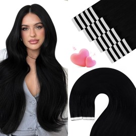 YoungSee Tape in Extensions Black Tape in Hair Extensions Jet Black 16 Inch Real Hair Tape in Extensions Human Hair Black 20pcs 50g Seamless Tape in Human Hair for Adding Volume