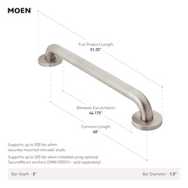 Moen R8948W Bathroom Safety 48-Inch Grab Bar with Concealed Screws, Glacier White