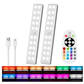 Under Cabinet Lighting with Remote, 15 Color RGB 4 Dynamic Working Modes Wireless Lamp, 1100mAh Rechargeable Lamp & 3 Timer, Stick on Lights for Kitchen, Home Decor, Closet, House Party (2 Pack)