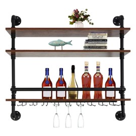 36in Rustic Metal Floating Bar Shelves Wall Mounted, 3-Tier Industrial Pipe Shelf Wine Racks Steampunk Pipe Shelving Wood Shelves,Farmhouse Wall Shelf Kitchen Wine Holder