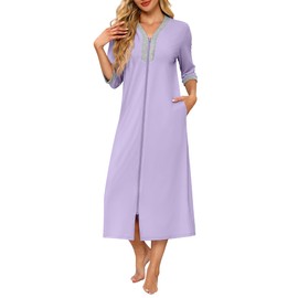 Ekouaer Women's Zipper Robe 3/4 Sleeves Housecoat Full Length Nightgown Soft Loungewear Robe with Pockets(Lavender, Large)