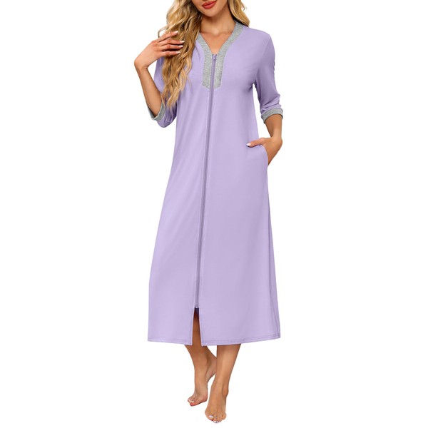 Ekouaer Women's Zipper Robe 3/4 Sleeves Housecoat Full Length Nightgown