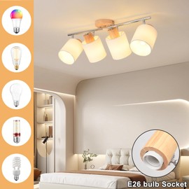 LED 4 Light Track Lighting Kit, Wooden Ceiling Spotlights with Fabric Shades, Modern Track Light Fixture with Flexibly Rotatable Light Heads for Kitchen, Living Room, Bedroom(E26 Socket, NO Bulb)