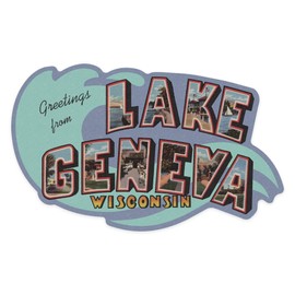 Die Cut Sticker Lake Geneva, Wisconsin, Large Letter Scenes, Contour, Vintage Halftone Vinyl Sticker 1 to 3 inches (Waterproof Decal for Cars, Water Bottles, Laptops, Coolers), Small