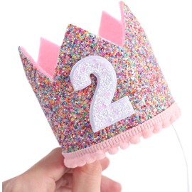 AIVYNA 2nd Birthday Hat for Birthday Party, Glitter Candy Colors Crown,Second Birthday Crown,Baby Children Kids Girl Gift,Pink Princess Decor Presents,Two Years Old, S
