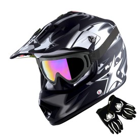 1Storm Youth Motocross Helmet BMX MX ATV Dirt Bike Helmet Matt Star Black + Goggles + MG Youth Black Glove Bundle