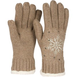 styleBREAKER Women Gloves with Embroidered Snowflake, Rhinestone and Fleece, Warm Thermo Winter Knitted Gloves 09010020, Colour:Brown